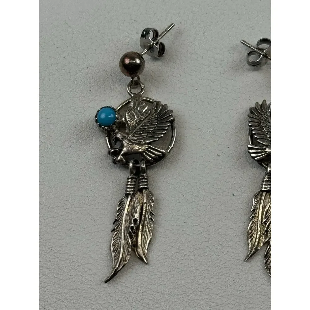 Southwest Style Sterling Silver Pierced Earrings Turquoise Feathers Eagle